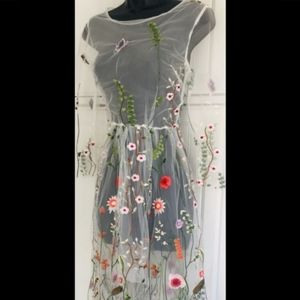 Floral Embellished White Tulle Sheer Midi Dress